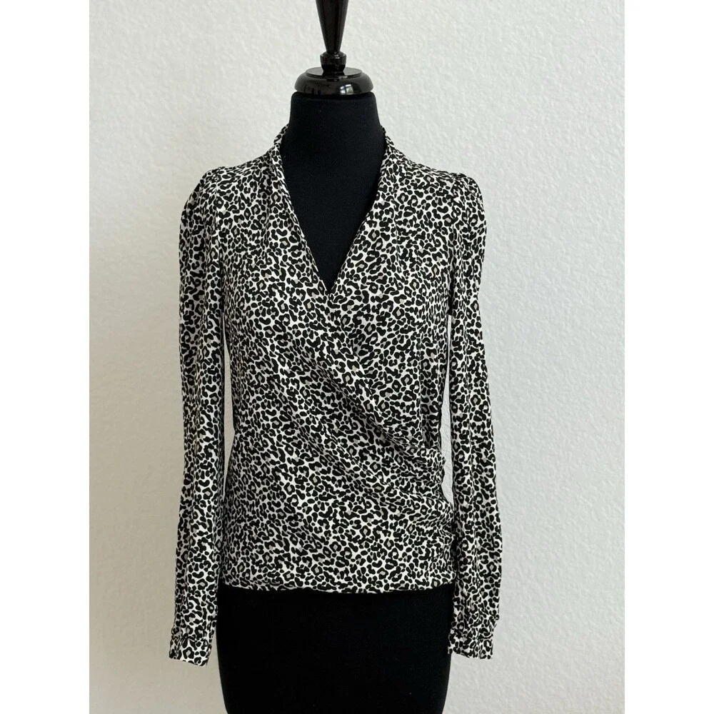 Sezane Abelia Cream Leopard Faux Wrap Blouse Long Sleeve Draped V-Neck Sz 34/XS